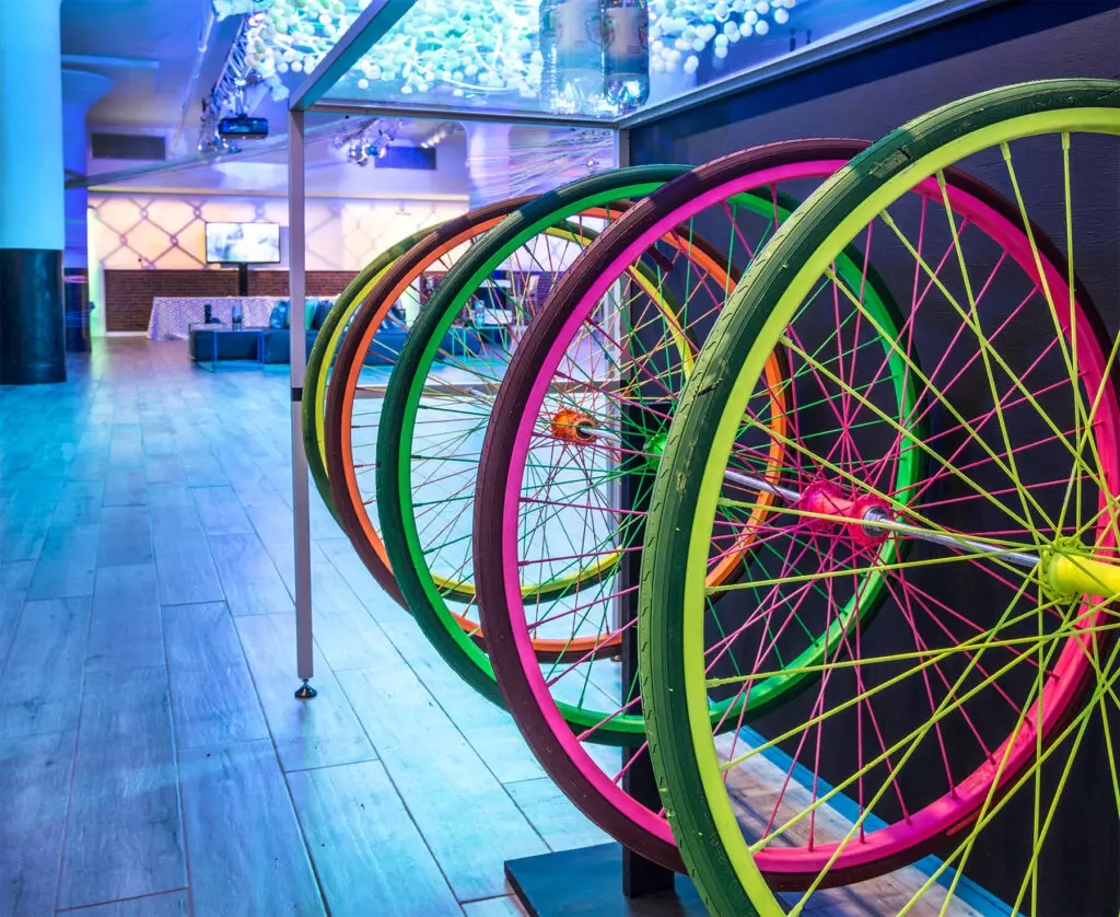 event decoration, colorful bike wheels