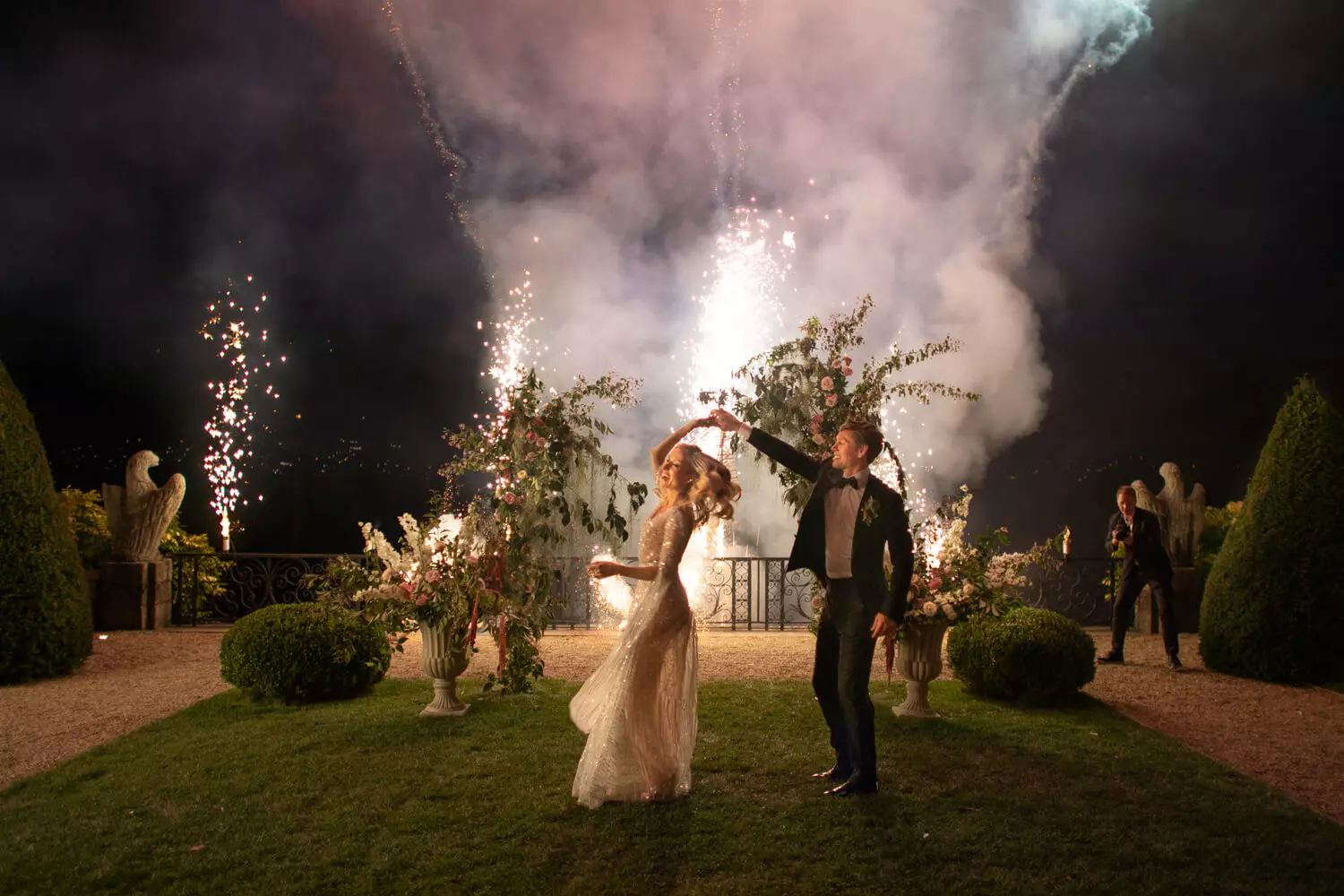 Beautiful wedding event produced by Leslie Mastin Events. Unique elements, fireworks, nighttime party.