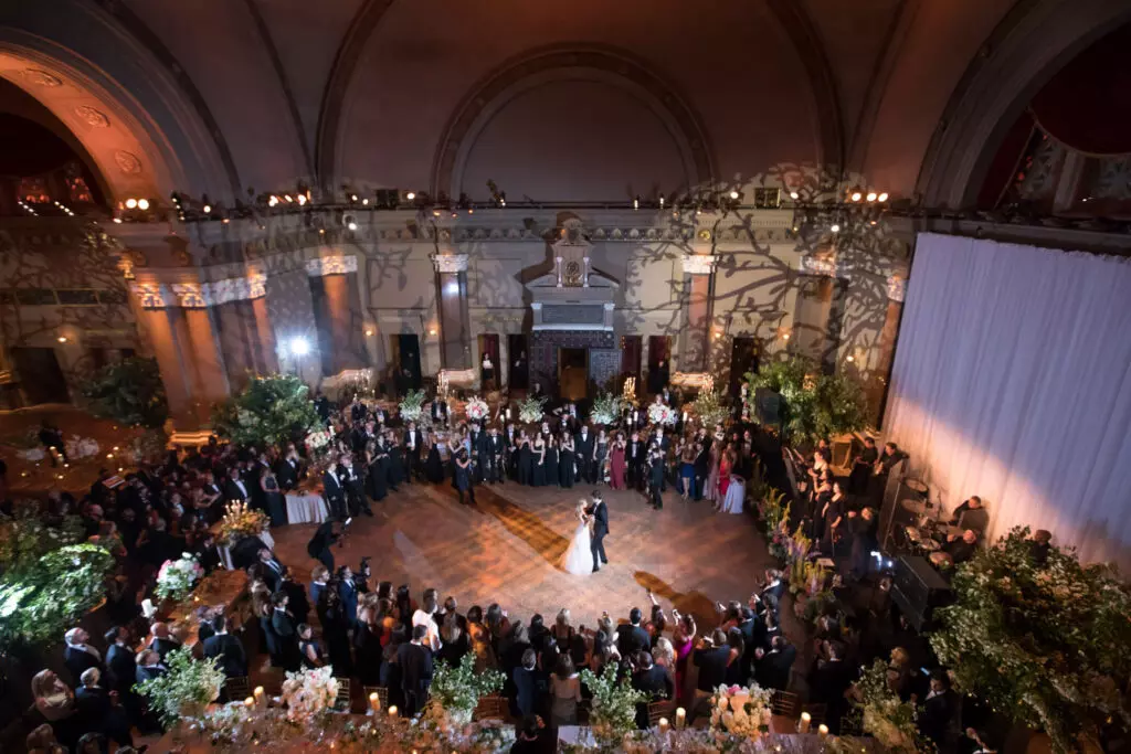 Dancing at wedding at Weylin, Brooklyn, New York. Wedding produced by Leslie Mastin Events. Wedding featured in Inside Weddings magazine, "Love and Whimsy".