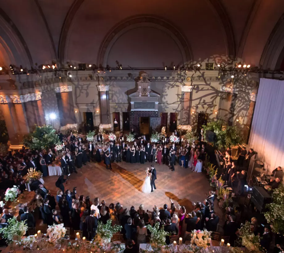 Dancing at wedding at Weylin, Brooklyn, New York. Wedding produced by Leslie Mastin Events. Wedding featured in Inside Weddings magazine, "Love and Whimsy".