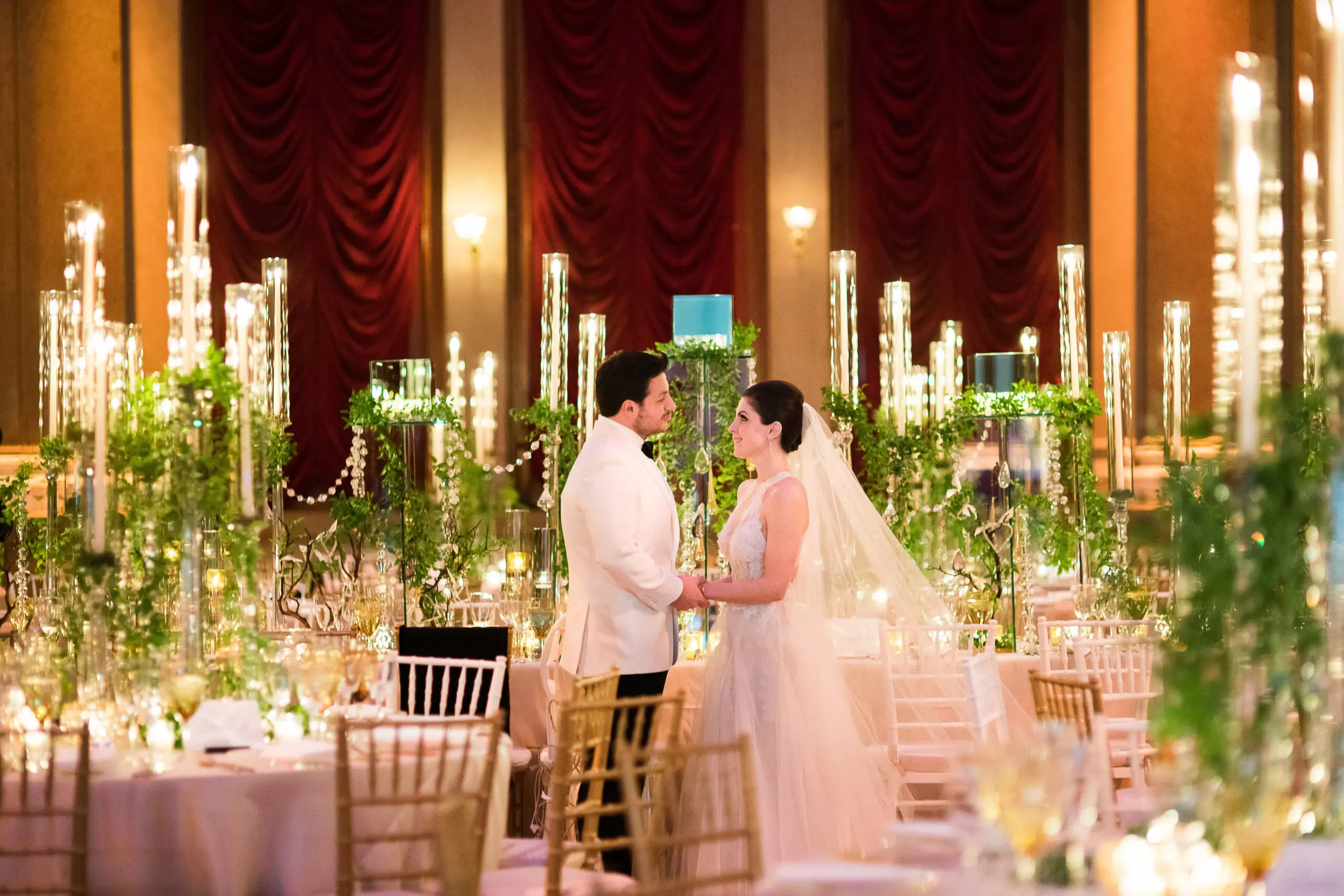 Brooklyn, New York wedding, decorated venue with bride and groom