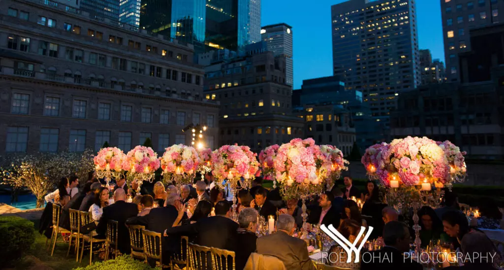 NY event rooftop with floral and lighting