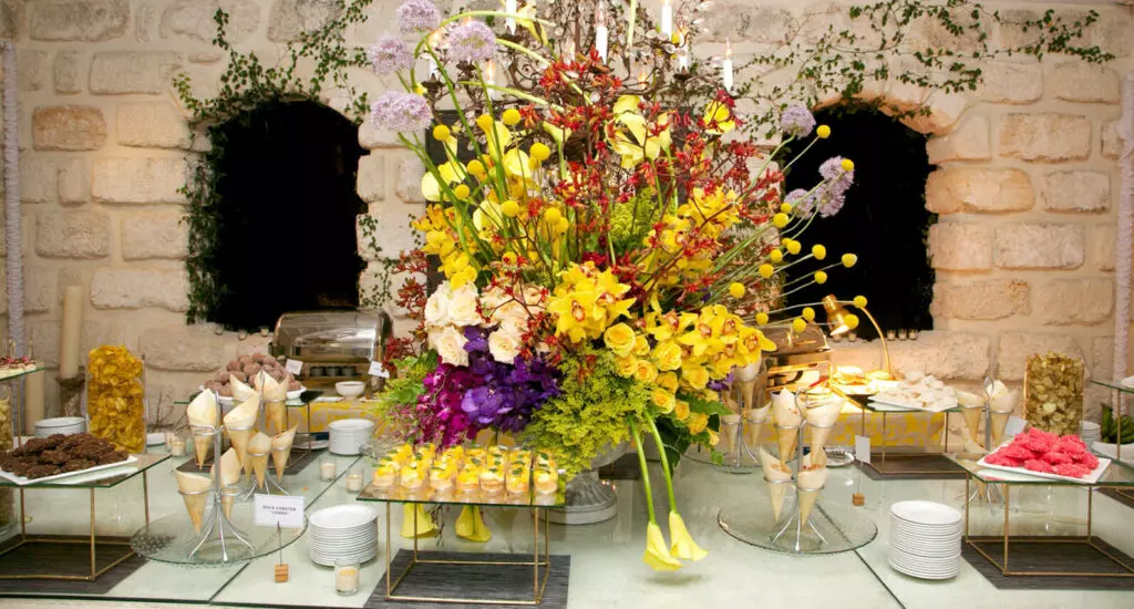 reception table with food and decor